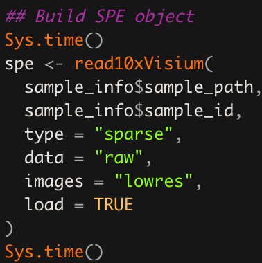 Example `SpatialExperiment::read10xVisium()` function call. This example will load the data from multiple Visium tissue sections since `sample_info$sample_path` and `sample_info$sample_id` are vectors of length greater than one. This can be quite useful for downstream analyses where you want to perform quality control, dimension reduction, clustering, etc across all Visium tissue sections instead of one tissue section at a time.